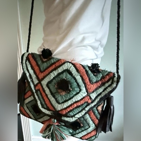 Anthropologie ibBan Handmade Raffia Leather Crossbody Bag Teal Black Tassel - Picture 3 of 16